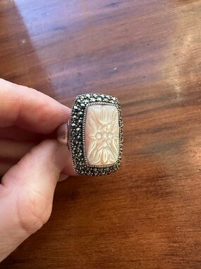 Vintage Carved Mother of Pearl and Marcasite Ring Size 6